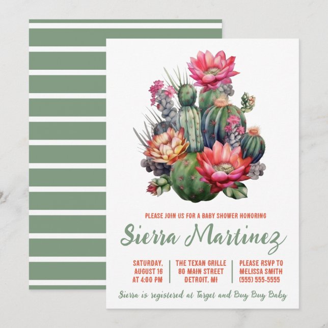 Invitation Boho Succulent, Cactus, Ouest, Baby shower (Devant / Derrière)