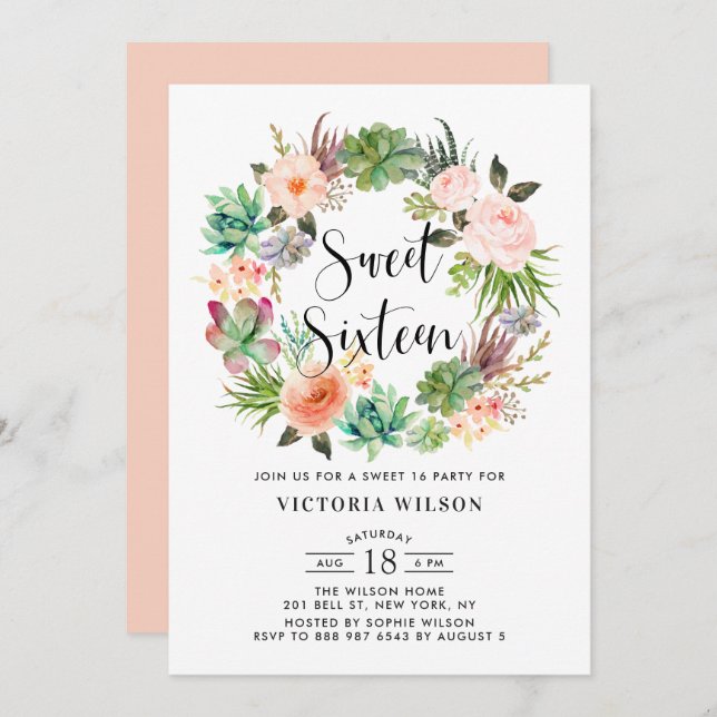 Invitation Boho Succulent Floral Wreath Sweet sixteen Party (Devant / Derrière)