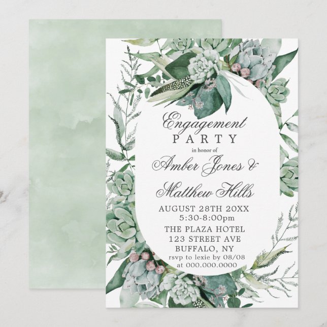 Invitation Boho Succulent Green Engagement Party (Devant / Derrière)