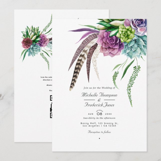 Invitation Boho Succulent Plante QR Code Mariage RSVP (Devant / Derrière)