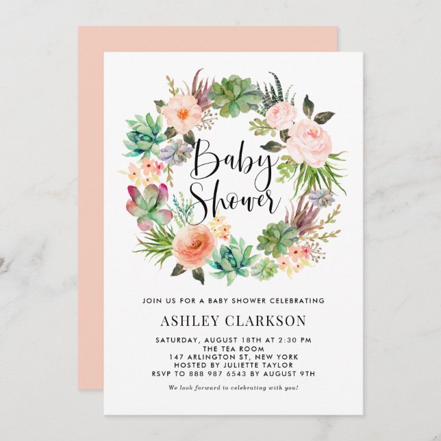 Invitation Boho Succulents Baby shower de couronne de fleurs (Devant / Derrière)