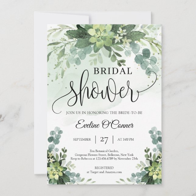 Invitation Boho succulents de verdure eucalyptus et or (Devant)