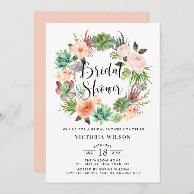 Invitation Boho Succulents Fête des mariées de couronne de fl (Devant / Derrière)