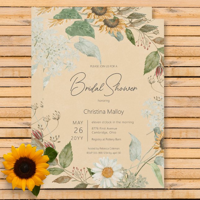 Invitation Boho Summer Sunflower & Daisy Gold Fête des mariée (Boho Summer Sunflower & Daisy Gold Bridal Shower Invitation)