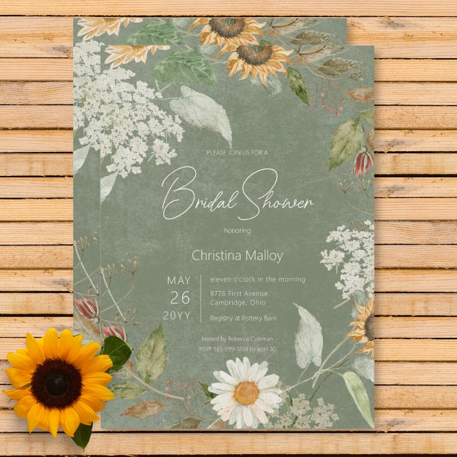Invitation Boho Summer Sunflower & Daisy Green Fête des marié (Boho Summer Sunflower & Daisy Green Bridal Shower Invitation)