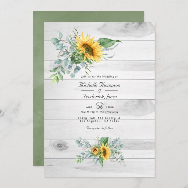 Invitation Boho Sunflower Eucalyptus  QR Code RSVP Wedding (Devant / Derrière)