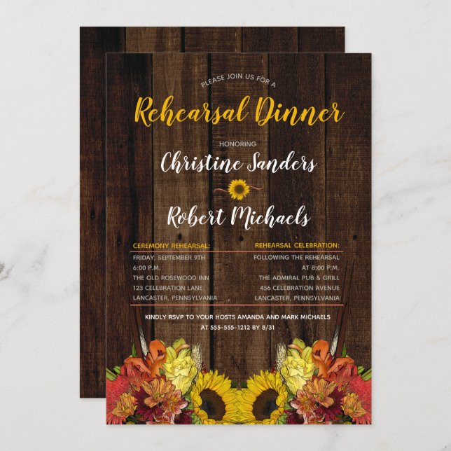 Invitation Boho Sunflower Floral | Dîner de répétition en boi (Devant / Derrière)