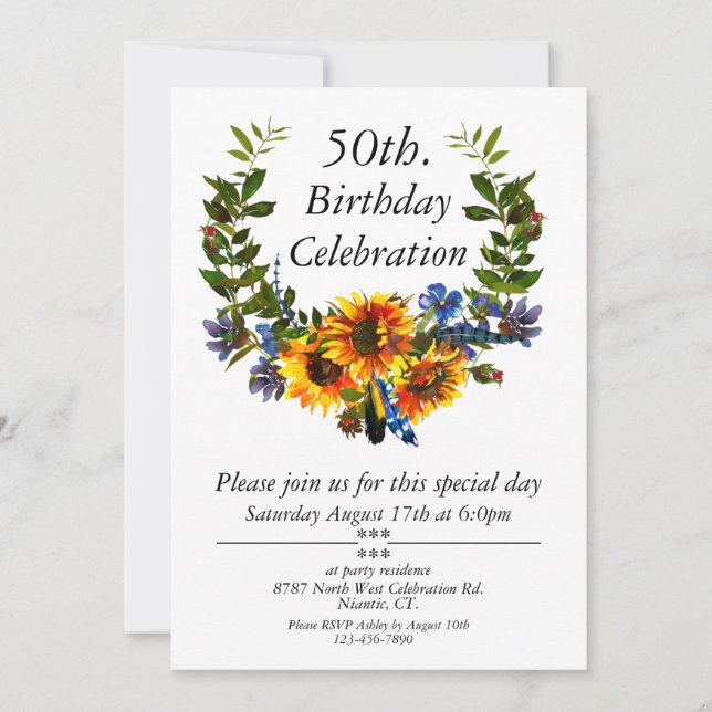 Invitation Boho Sunflower Floral personnalisable 50e annivers (Devant)