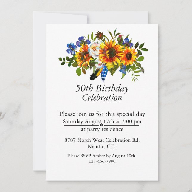 Invitation Boho Sunflower Floral personnalisable 50e annivers (Devant)