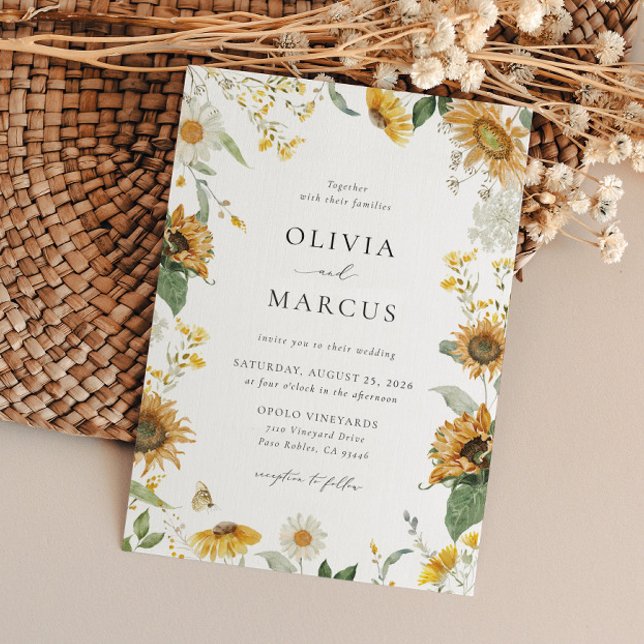 Invitation Boho Sunflower Golden Rays Floral Elégant Mariage (Front)