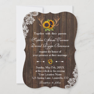Invitation Boho Sunflowers Antlers Mariage en dentelle de boi