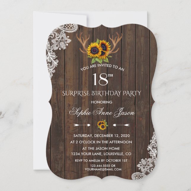 Invitation Boho Sunflowers Antlers Wood 18e fête d'anniversai (Devant)