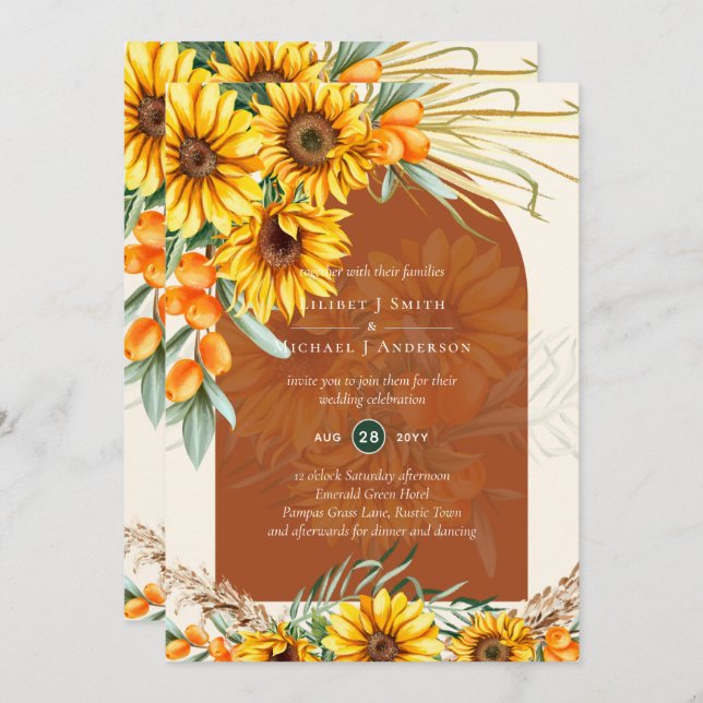 Invitation Boho Sunflowers Terracotta Pampas Mariage en herbe (Devant / Derrière)