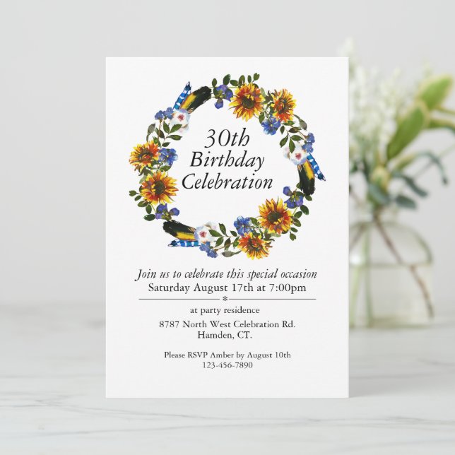 Invitation Boho Sunflowers Wreath personnalisable 30e anniver (Debout devant)