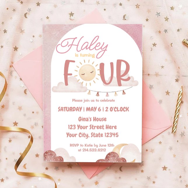 Invitation Boho Sunshine 4e anniversaire de fête aquarelle (Créateur téléchargé)