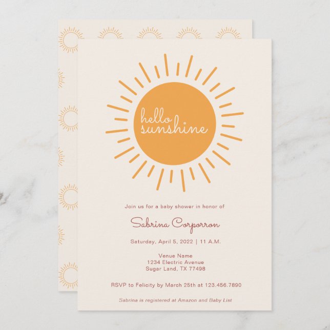 Invitation Boho Sunshine Baby shower neutre pour les femmes (Devant / Derrière)