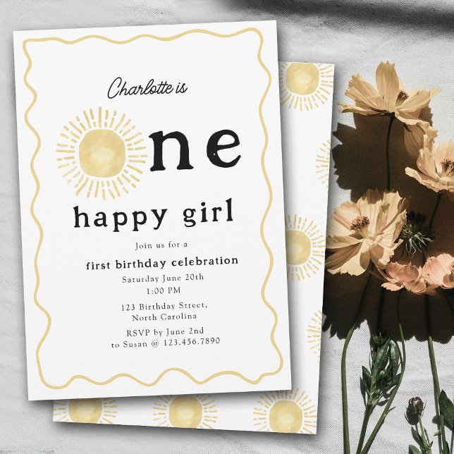 Invitation Boho Sunshine premier anniversaire une joyeuse fil (Boho Sunshine First Birthday One Happy Girl Retro Invitation)
