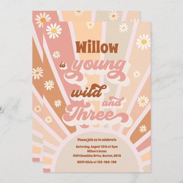 Invitation Boho Sunshine Young Wild Et Trois Anniversaires (Devant / Derrière)