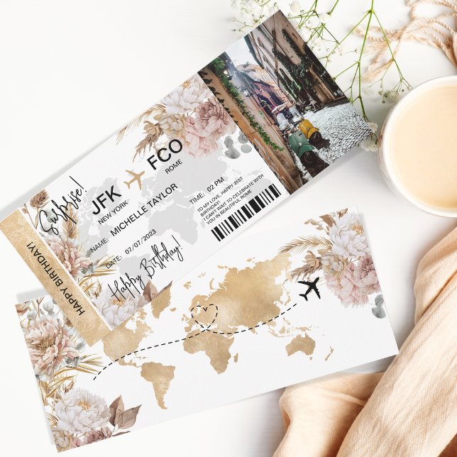 Invitation Boho Surprise Anniversaire Pass Voyage Ticket (boho surprise boarding pass )