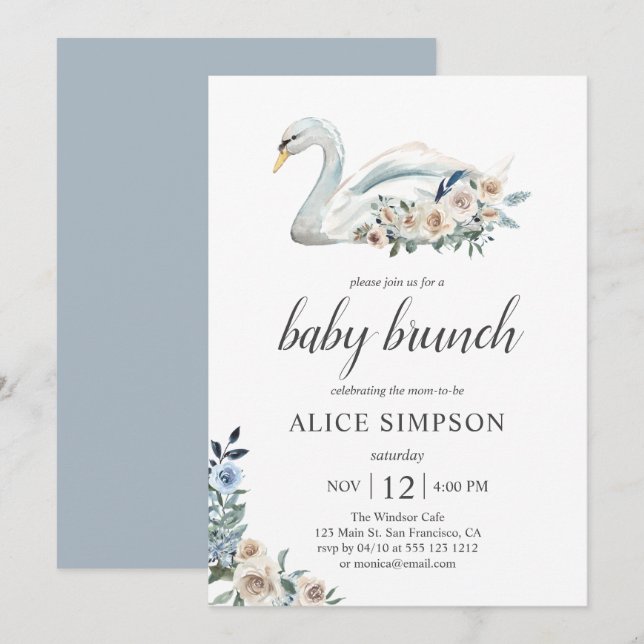 Invitation Boho Swan Dusty Blue Beige Fleurs Baby shower (Devant / Derrière)