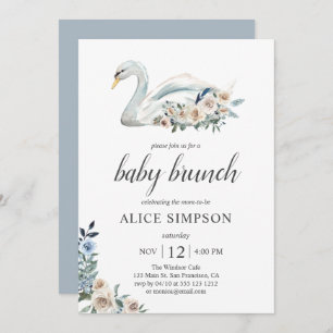 Invitation Boho Swan Dusty Blue Beige Fleurs Baby shower