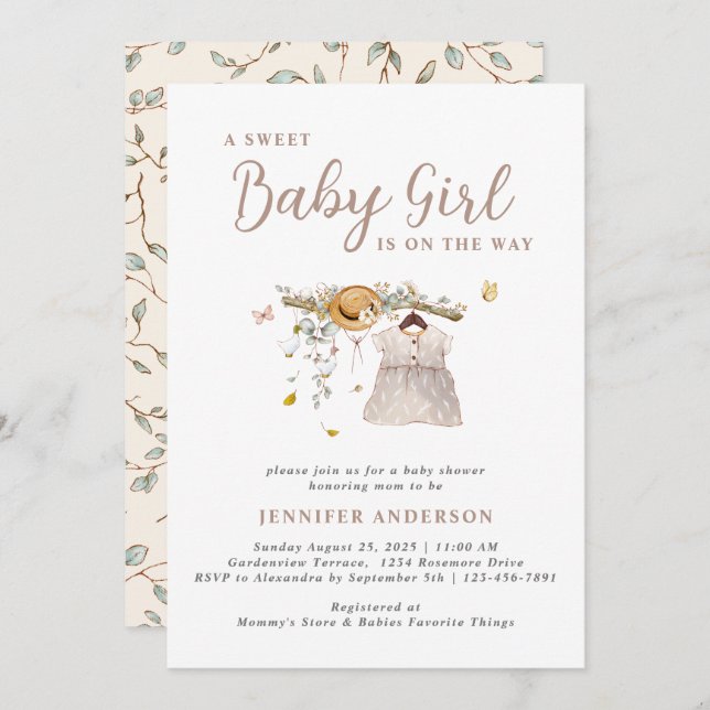 Invitation Boho Sweet Baby Girl Outfit Botanical Baby shower (Devant / Derrière)
