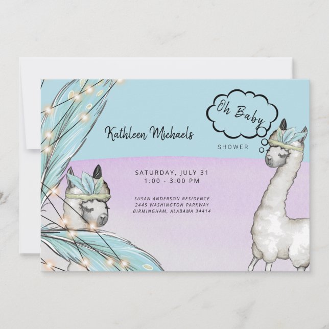 Invitation Boho Talking Llama rose Turquoise Oh Baby shower (Devant)