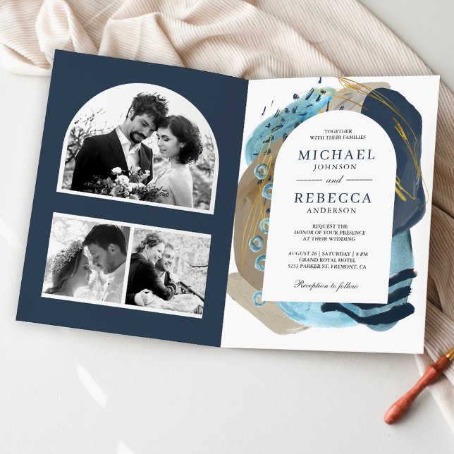 Invitation Boho Taupe Bleu Nuit Pinceaux Code QR Mariage (Créateur téléchargé)