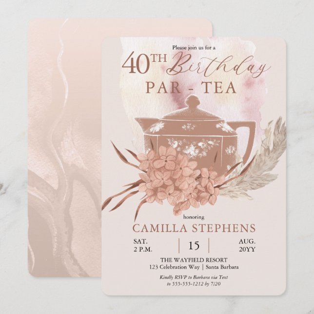 Invitation Boho Teapot Hydrangeas Pampas 40e fête d'anniversa (Devant / Derrière)