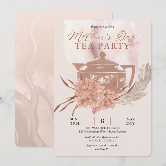 Invitation Boho Teapot Hydrangeas Pampas Tea Inv Fête des Mèr (Devant / Derrière)