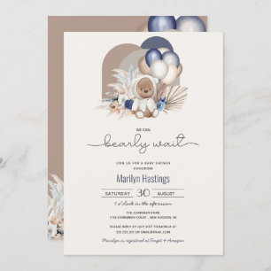 Invitation Boho Teddy Bear & Balloons Bearly Wait Baby shower