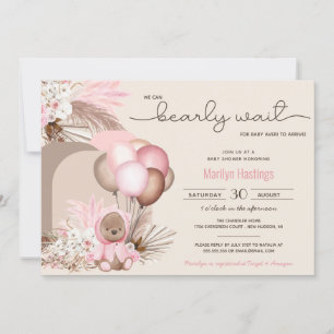 Invitation Boho Teddy Bear & Balloons Bearly Wait Baby shower