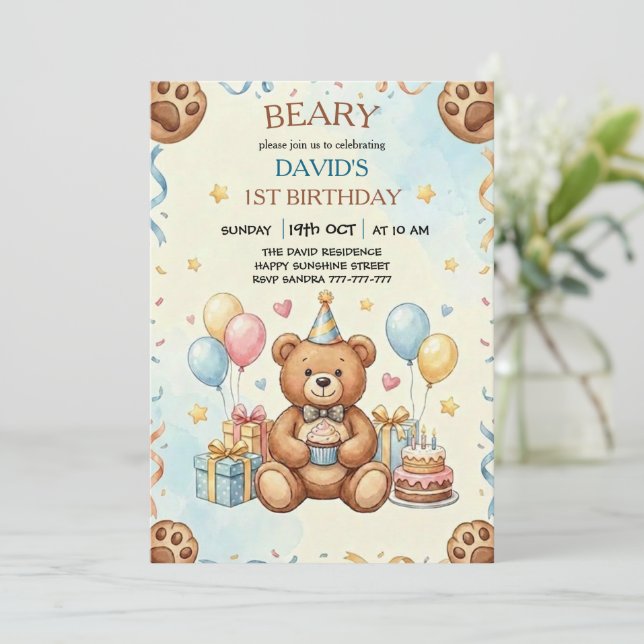 Invitation Boho Teddy Bear Beary First 1st Birthday Party (Debout devant)