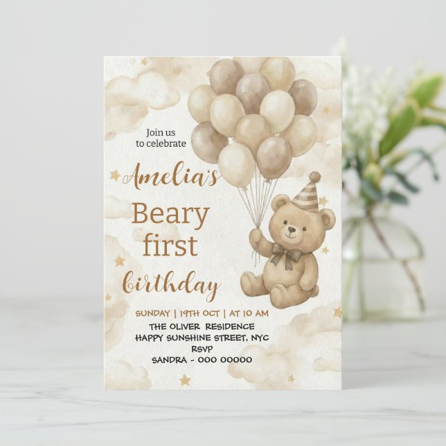 Invitation Boho Teddy Bear Beary First 1st Birthday Party (Debout devant)