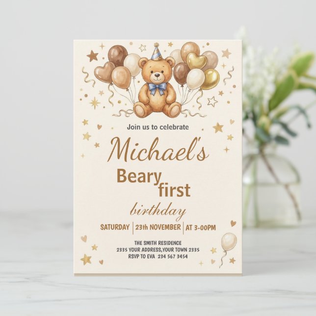 Invitation Boho Teddy Bear Beary First 1st Birthday Party (Debout devant)