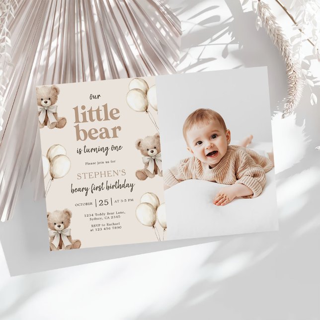 Invitation Boho Teddy Bear Beary First 1st Birthday Photo (Créateur téléchargé)