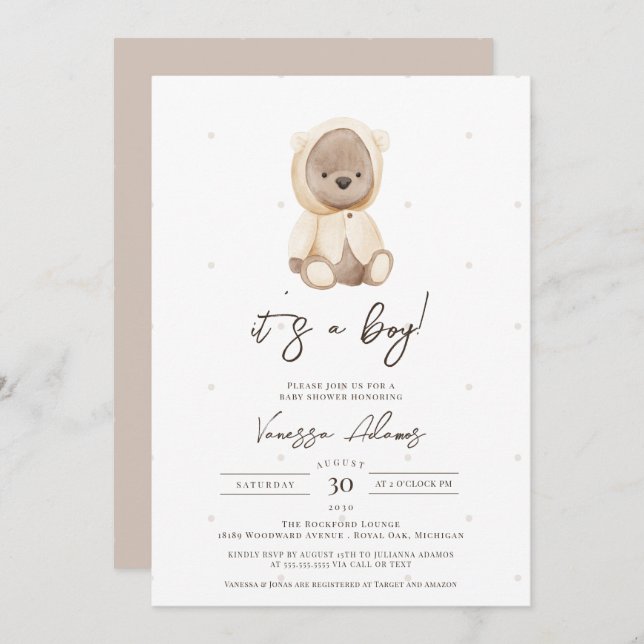 Invitation boho teddy bear bebe wait baby boy shower (Devant / Derrière)