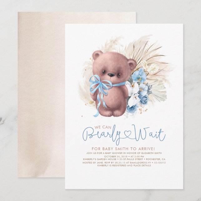 Invitation Boho Teddy Bear Bleu Bearly Wait Boy Baby shower (Devant / Derrière)