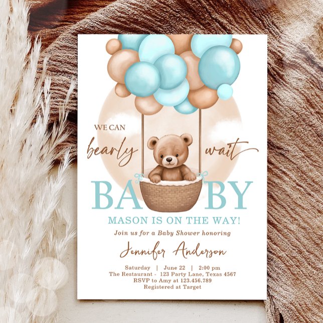 Invitation Boho Teddy Bear Bleu Garçon Bearly Wait Baby showe (Créateur téléchargé)
