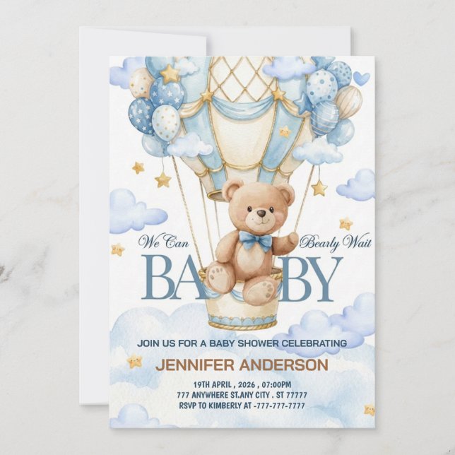 Invitation Boho Teddy Bear Boy Blue à peine attendre Baby Sho (Devant)