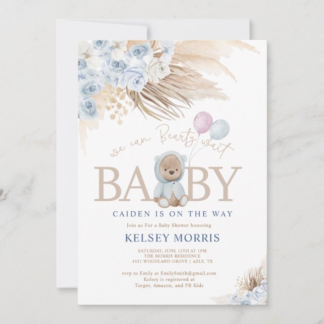 Invitation Boho Teddy Bear Boy Blue Bearly Wait Baby shower (Devant)
