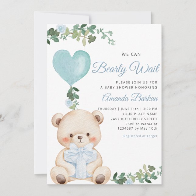 Invitation Boho Teddy Bear Boy Blue Bearly Wait Baby Shower  (Devant)