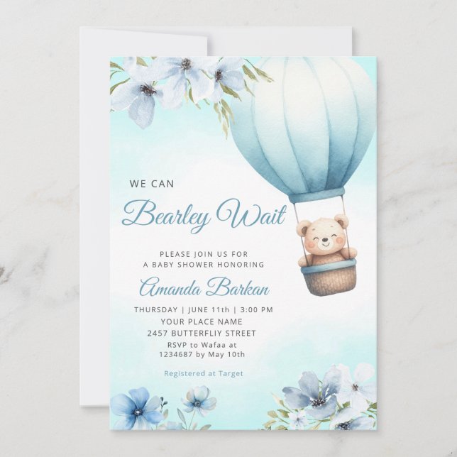 Invitation Boho Teddy Bear Boy Blue Bearly Wait Baby shower (Devant)