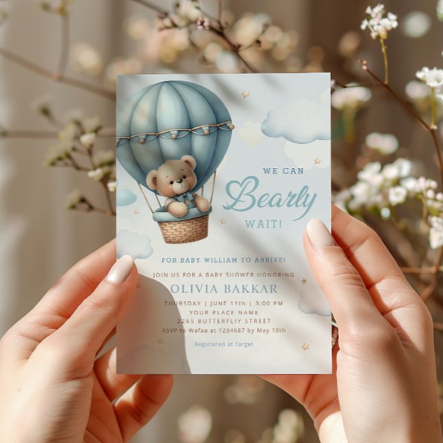 Invitation Boho Teddy Bear Boy Blue Bearly Wait Baby shower (Créateur téléchargé)