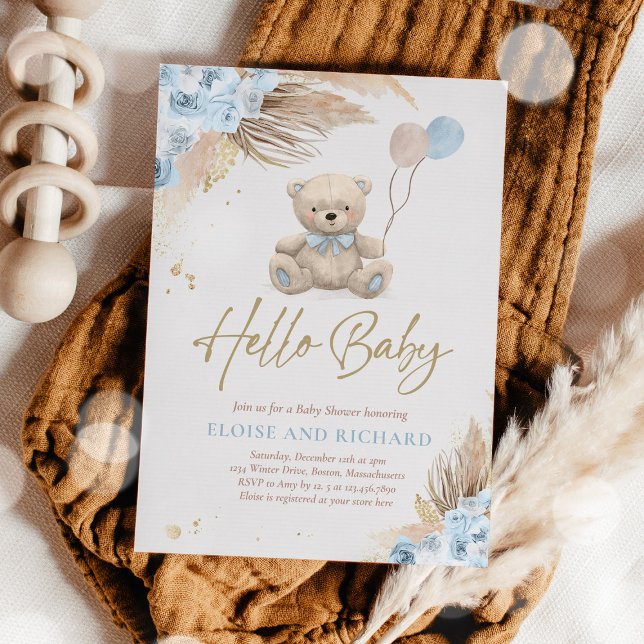 Invitation Boho Teddy Bear Boy Blue Bearly Wait Baby shower (Créateur téléchargé)