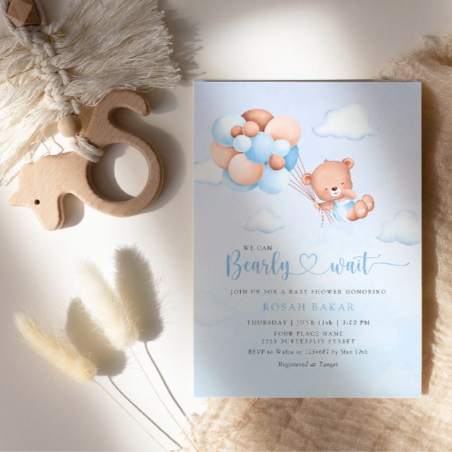 Invitation Boho Teddy Bear Boy Blue Bearly Wait Baby shower (Créateur téléchargé)