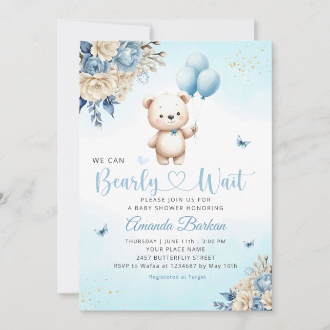 Invitation Boho Teddy Bear Boy Blue Bearly Wait Baby shower (Devant)