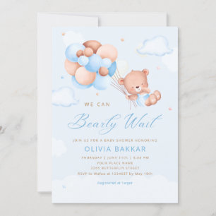Invitation Boho Teddy Bear Boy Blue Bearly Wait Baby shower I