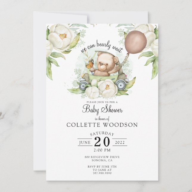 Invitation Boho Teddy Bear Brown Sage Green Bearly Wait (Devant)