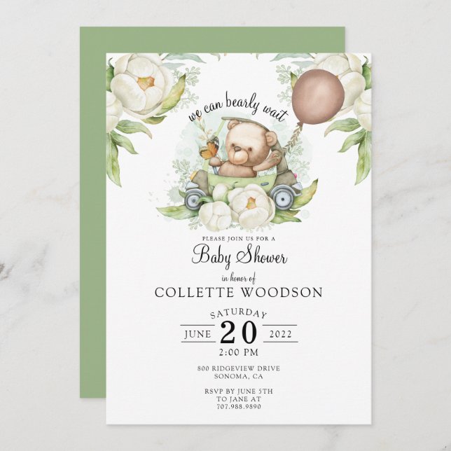 Invitation Boho Teddy Bear Brown Sage Green Bearly Wait Invit (Devant / Derrière)